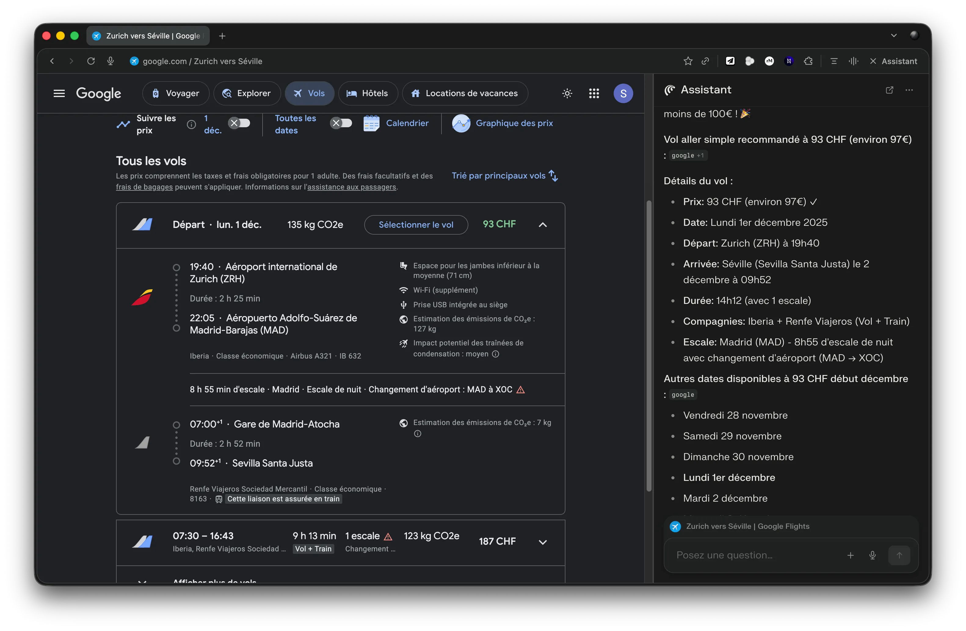 Capture d'écran Comet - Résultat de la recherche de vol