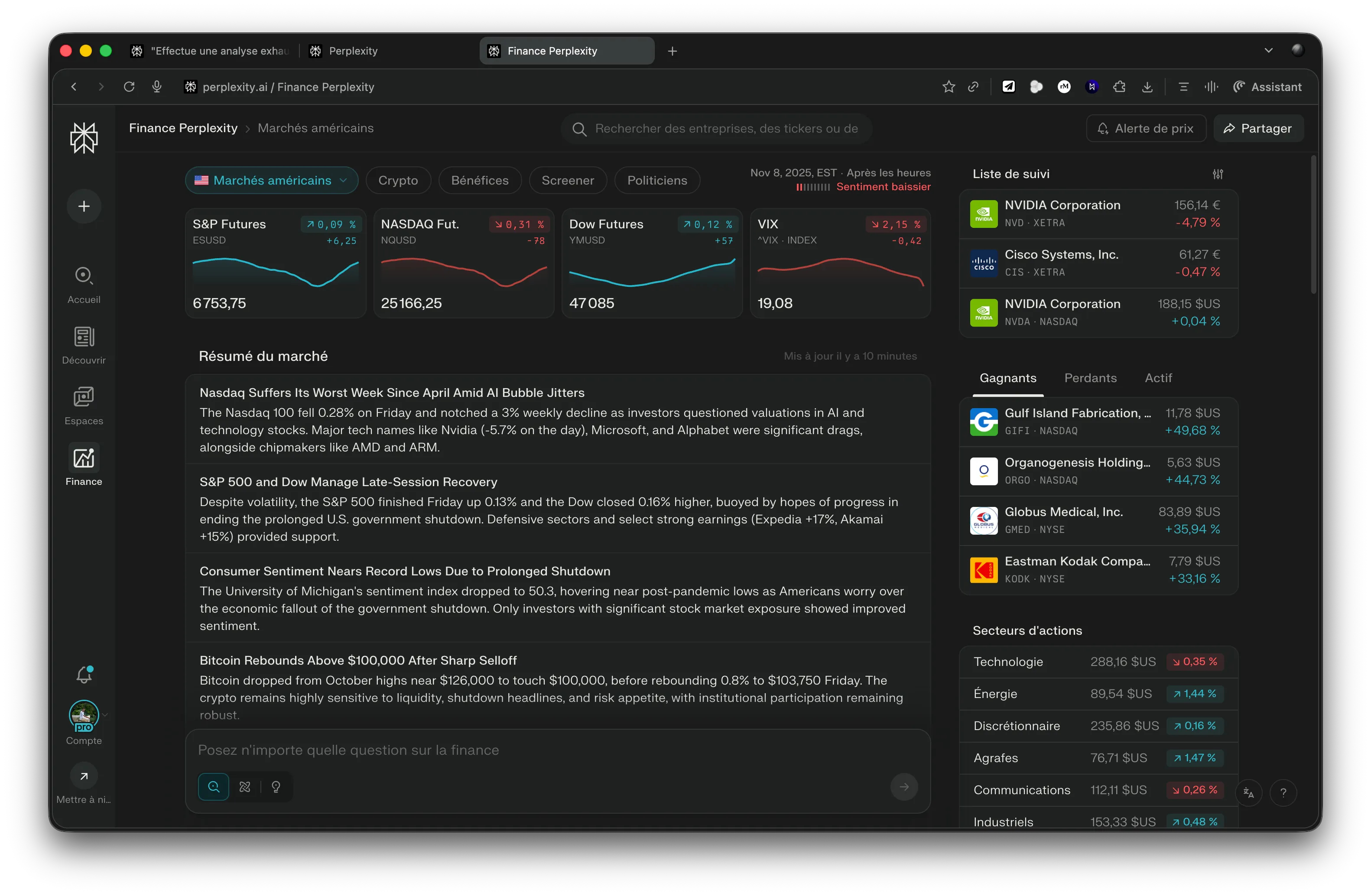 Capture d'écran Comet - Mode Finance