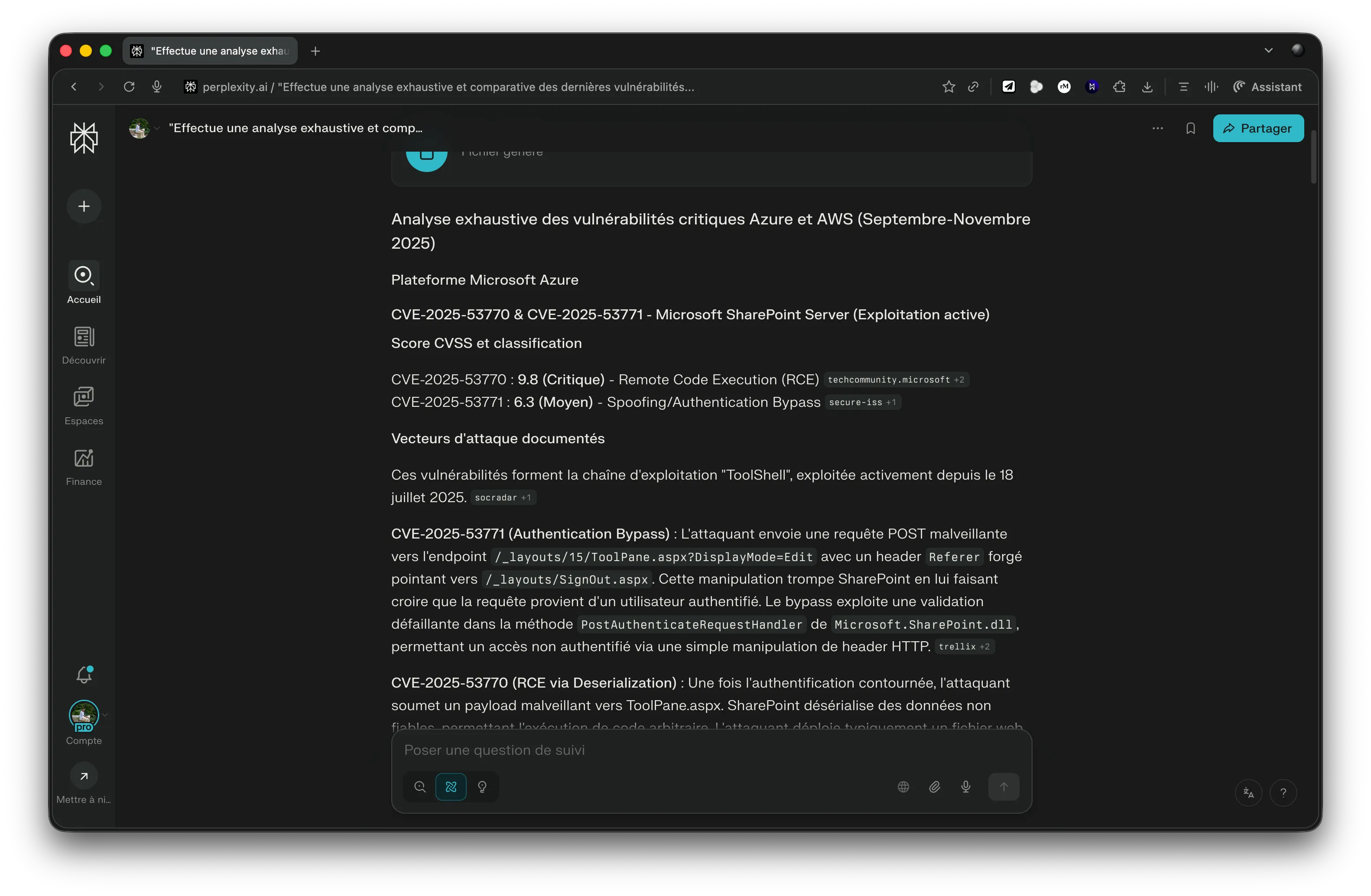 Capture d'écran Comet - Résultat de la recherche sur les CVE