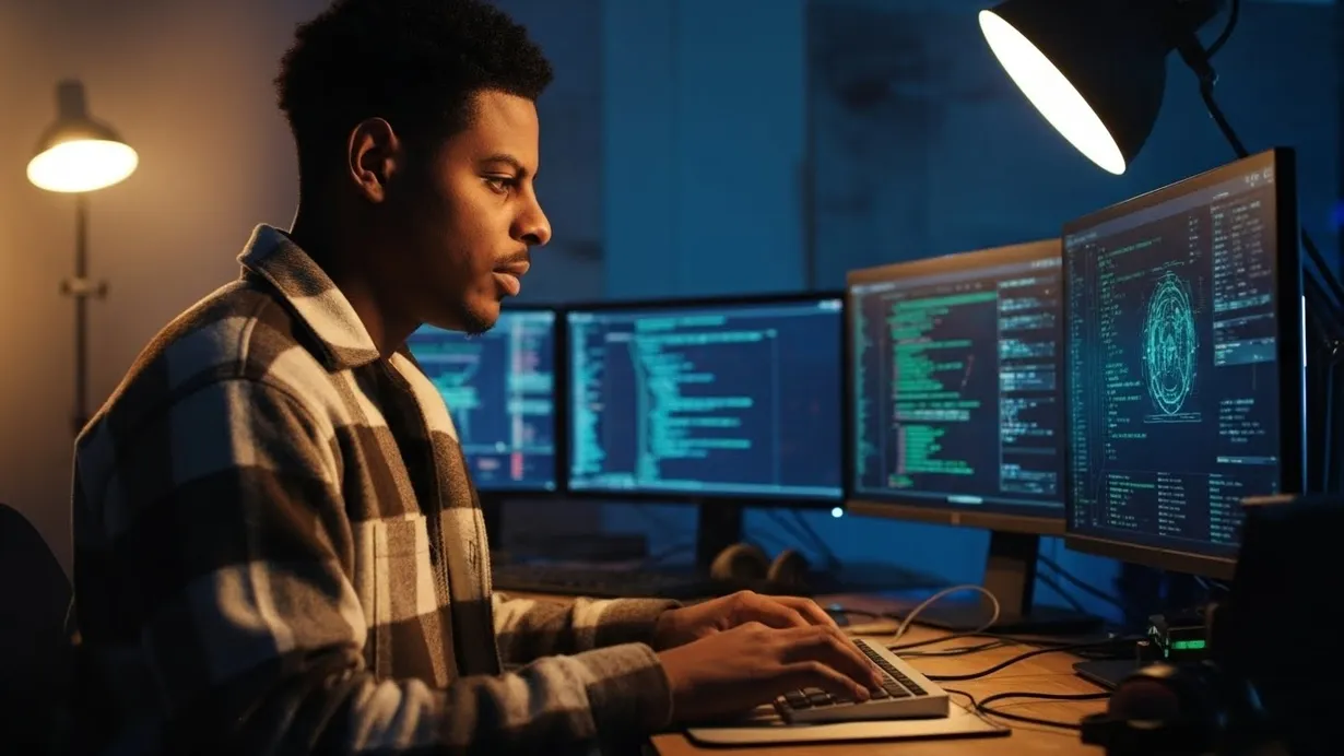 Jeune analyste cybersécurité concentré travaillant sur plusieurs écrans d'ordinateur dans un environnement sombre, visualisant des données réseau et du code technique