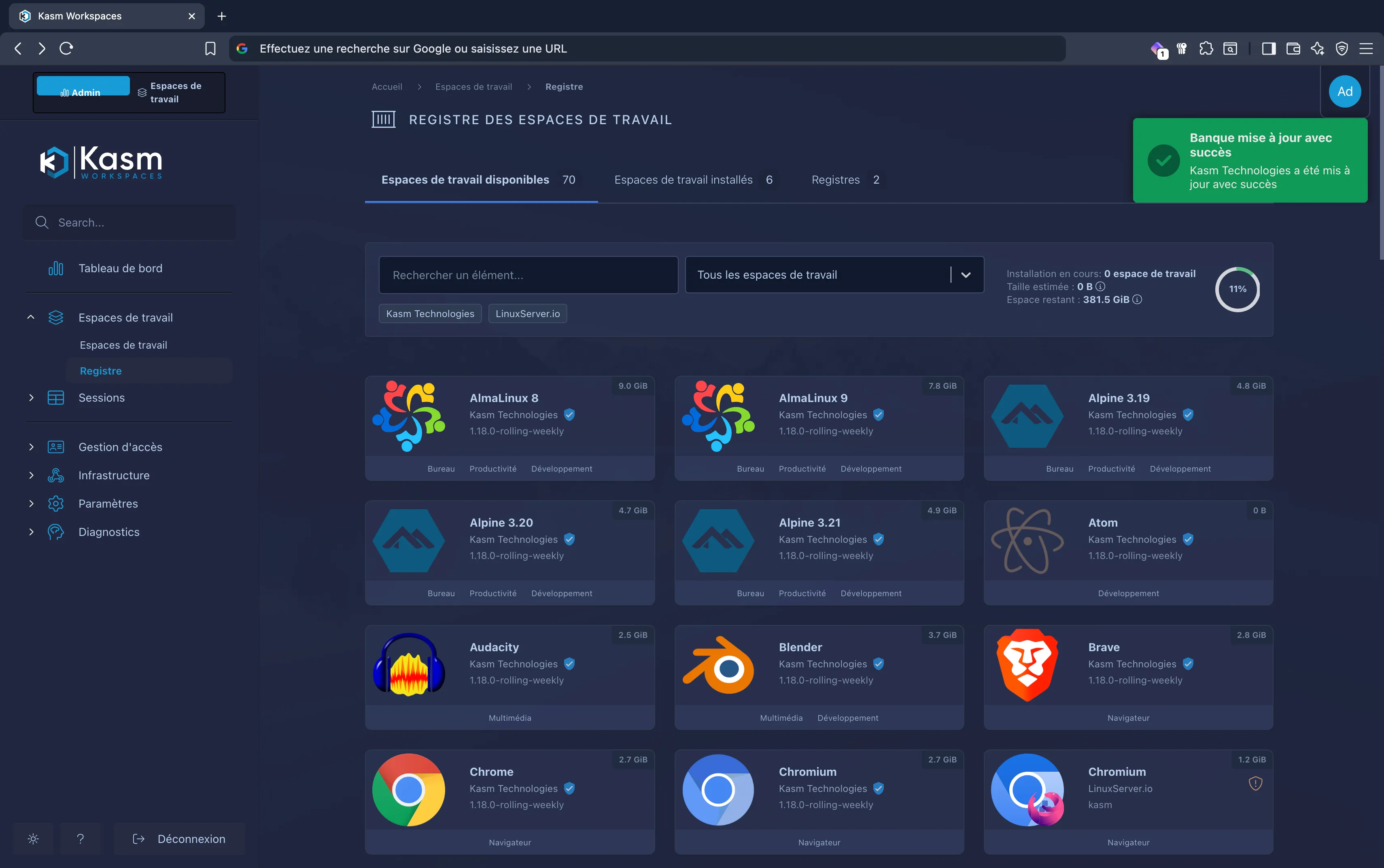 Liste des images disponibles dans les registres