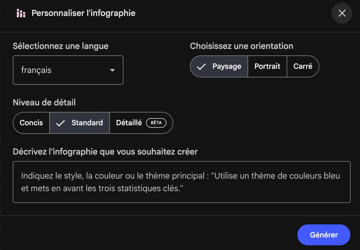 Screenshot de l'interface de personnalisation d'infographie dans NotebookLM