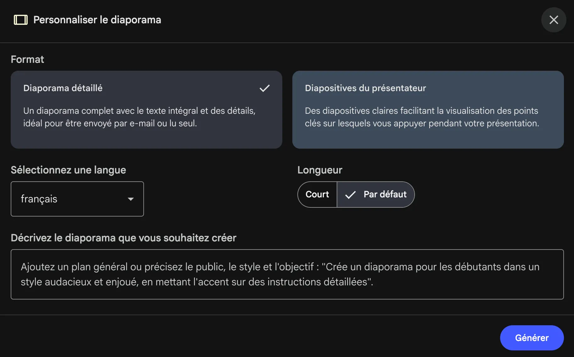 Screenshot de l'interface de personnalisation de présentation dans NotebookLM
