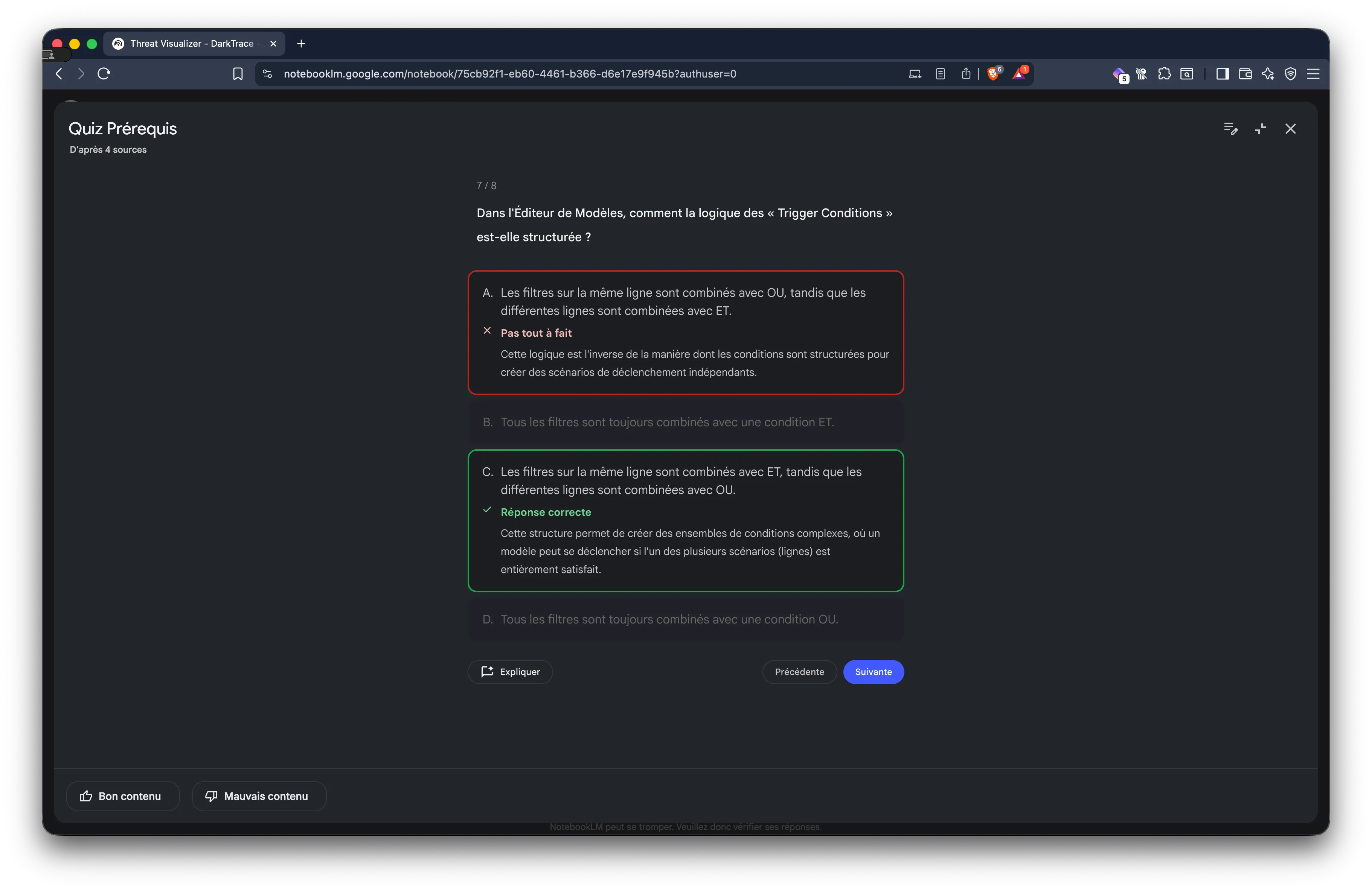 Screenshot montrant la réponse à une question de quiz avec explication dans NotebookLM