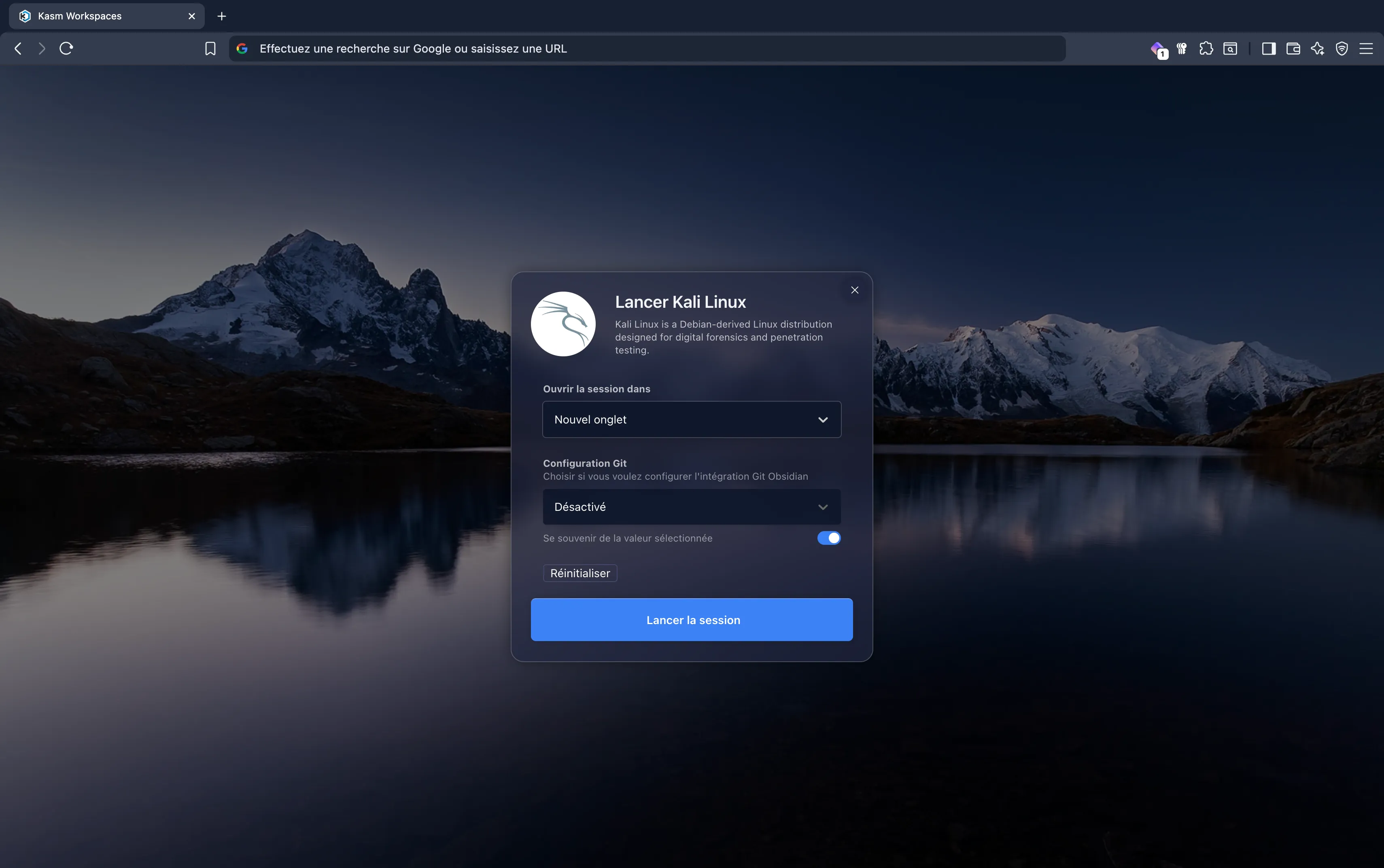 Lancement d'un workspace Kali Linux dans Kasm