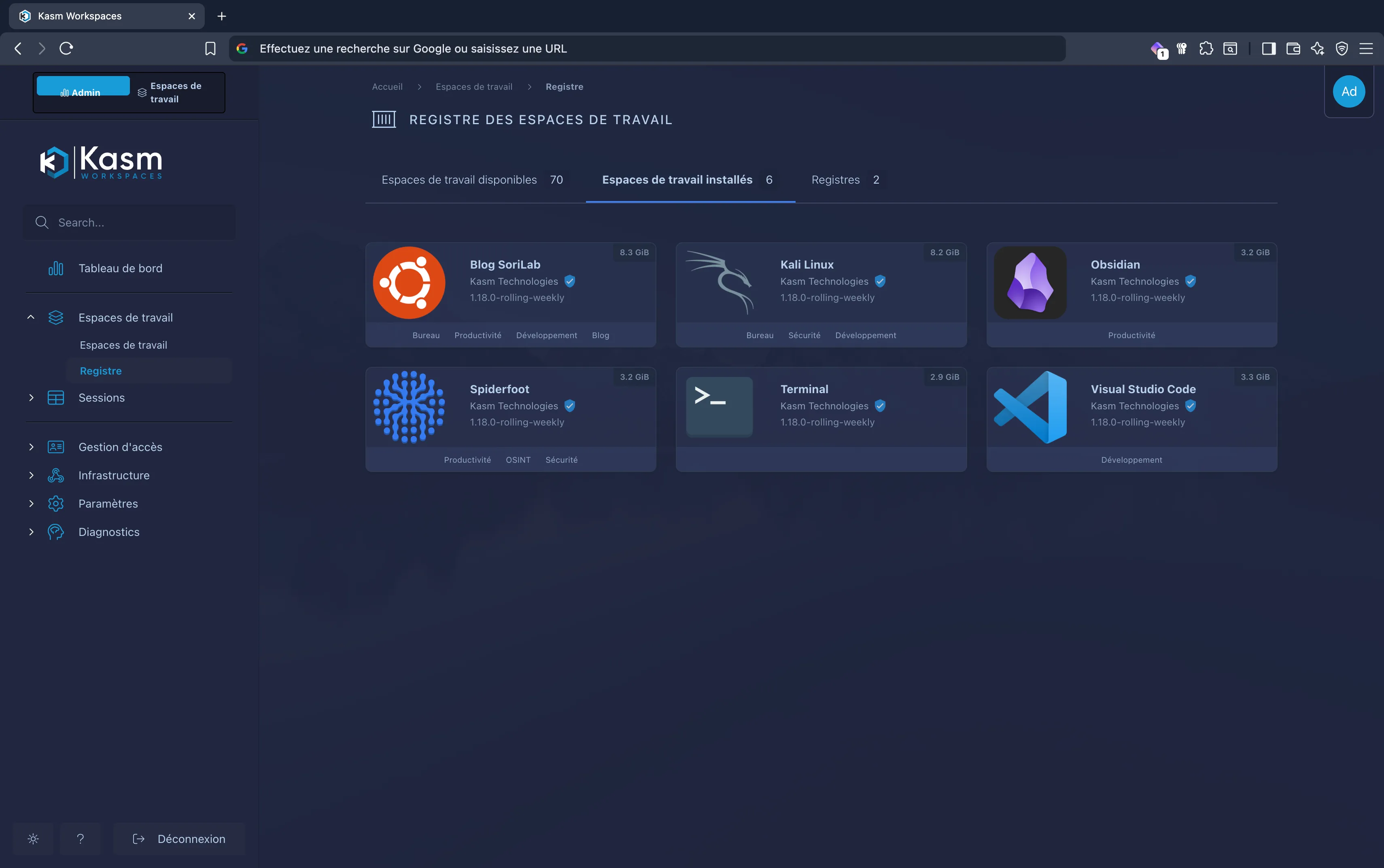 Liste des workspaces installés